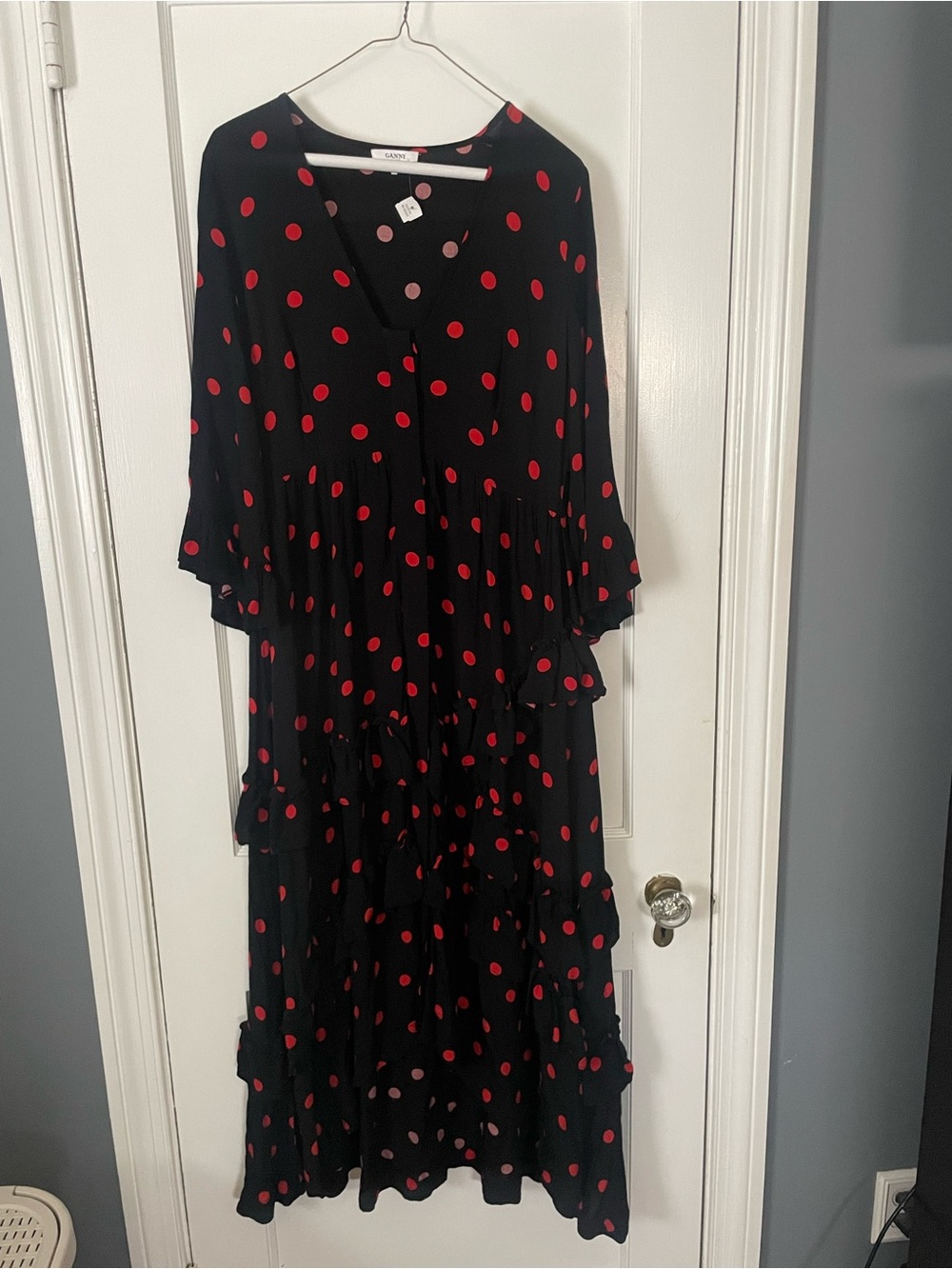 NWT GANNI Barra Crepe Polka Dot Ruffle Maxi Dress Size 38 / US Sz 6